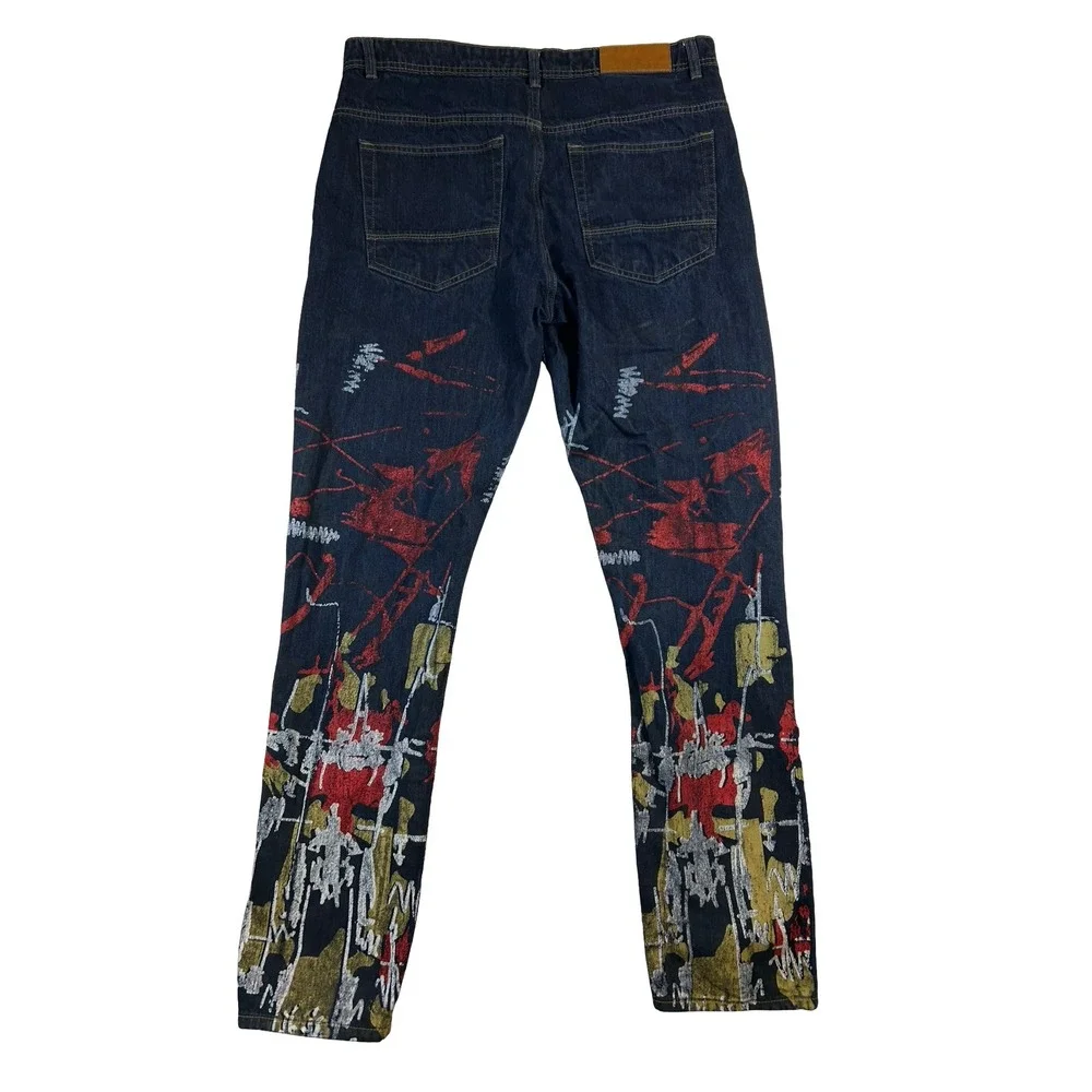 Arketype Mens Abstract Graphic Paint Straight Leg Jeans Dark Wash Blue 38x34